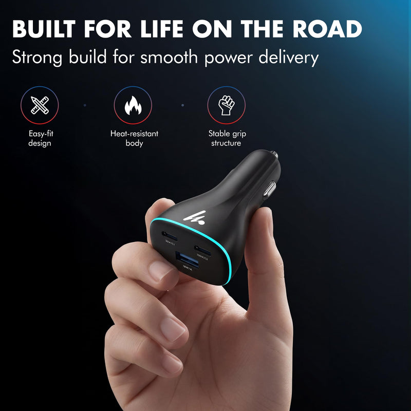 PD 130W Superfast Charging 2.0 Wozoyo Car Charger, with 2XType C & USB-A, PPS & QC 3.0, Triple Port (100W + 30W + 18W), 12V–24V Compatible, Multi-Layer Protection, 2-Years Manufacturer Warranty PD 130W