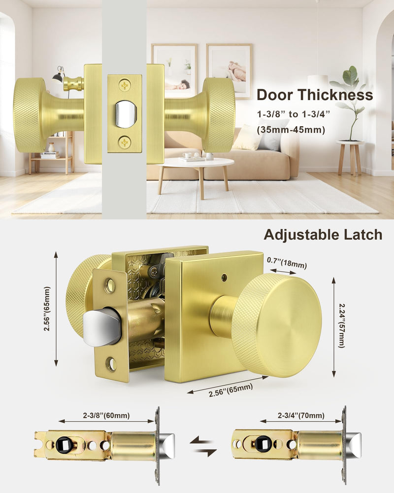 Probrico Privacy Door Knobs,Brushed Gold Interior Door Knobs with Square Rosette,Gold Keyless Bed and Bathroom Round Antique Door Knob with Lock 1Pack 1