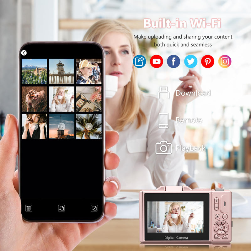 4K Digital Camera with 180° Flip Screen, 64MP Compact Vlogging Camera, Pink | Point And Shoot Camera with WiFi, 32GB SD Card, Easy To Use Digital Camera Kit for Travel and Beginners