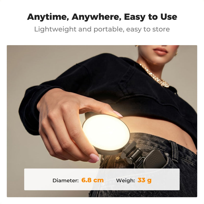 K&F CONCEPT LEDs Selfie Light, 3 Interface Modes, Rechargeable Phone Light | Ra95 CRI, 3-in-1 Mounts, 9 Light Modes, 600mAh Battery, 33g Pocket Size, Black, C7