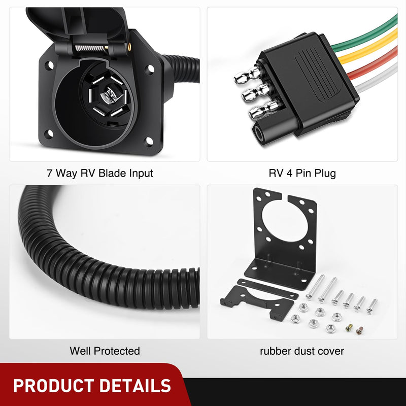 Nilight Dual Output 4 Way Flat Vehicle Side to 7 Way RV Blade Wiring Adapter 4 Pin Flat to 7 Pin Round Blade and 4 Way Trailer Wiring Harness Adapter w/Mounting Bracket for Truck RV Dual Output 4 Way to 7 Way Trailer Adapter