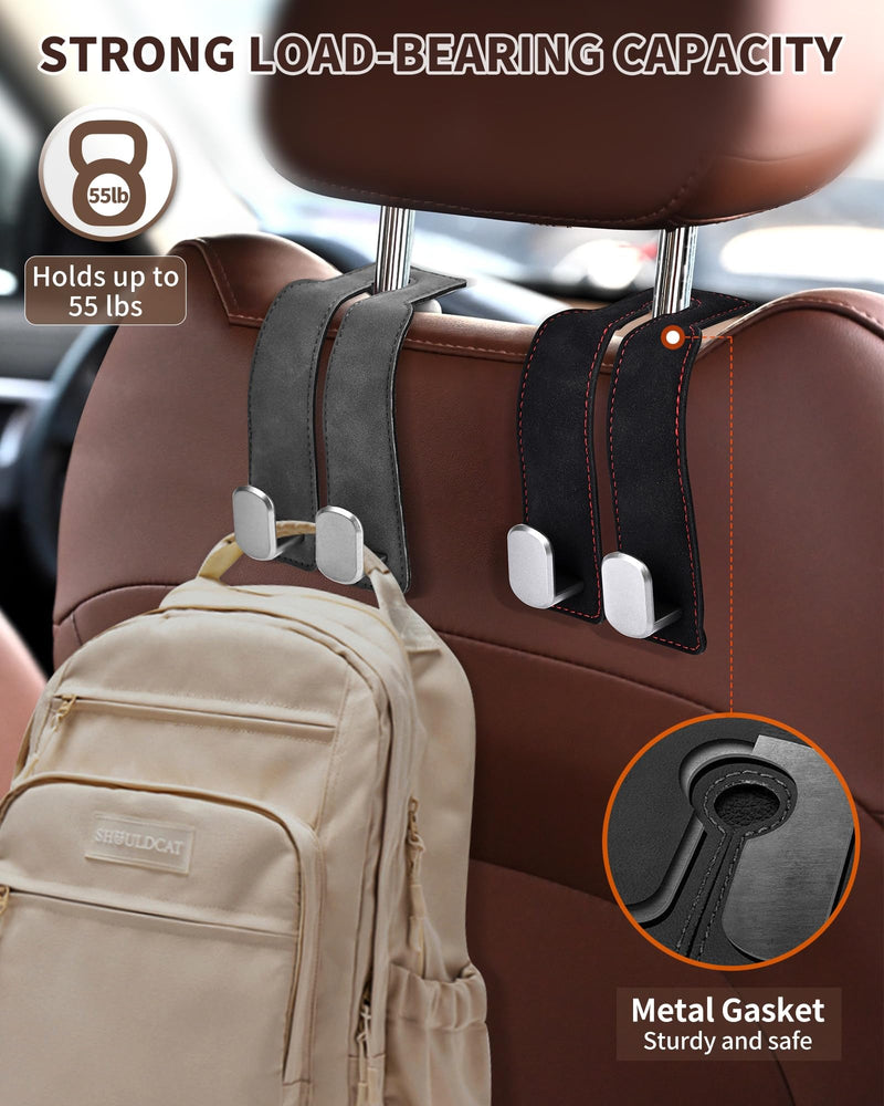 Headrest Hooks for Car, 4 Pack Car Seat Back Organizer Storage Hook, Double Hook Car Seat Hooks for Hanger Purses and Bags, Leather Purse Holder for Car, Black Black-4Pack