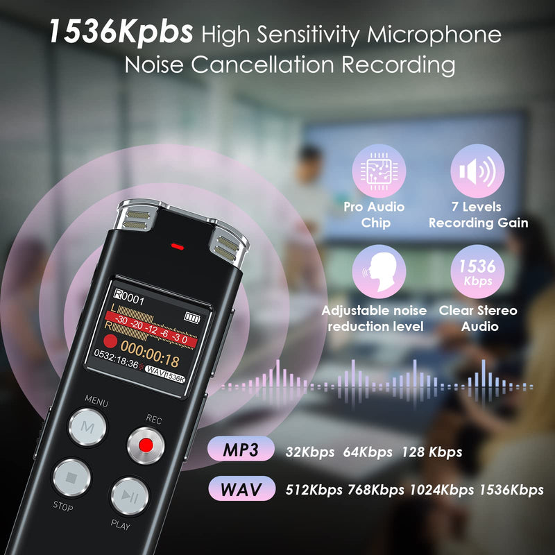 64GB Digital Voice Recorder - Pocket-Sized Voice Activated Dictaphone with Noise Canceling, USB-C & MP3 Playback, Ideal for Lectures, Meetings, Interviews