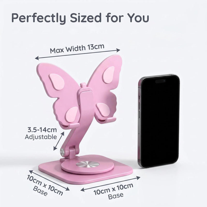 Butterfly Cell Phone Stand for Desk, Aluminum Alloy 360° Rotating Phone Holder, Height & Angle Adjustable Foldable Desktop Dock, Universal Anti-Slip for Smartphones Tablets Home Office Travel Pink