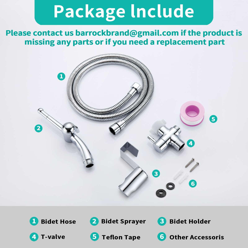 BARROCK Handheld Bidet Sprayer Combo Set for Toilet, Portable Bathroom Bidet Seat Attachment, 2 Way Installation Hang or Wall-Mount Shattaf Kit for Women with Brass T-Valve Explosion-Proof Hose Chrome