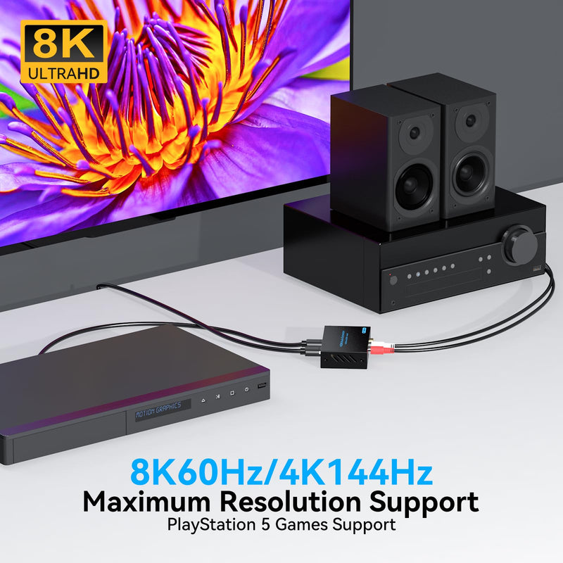 8K 60Hz HDMI Audio Extractor 4K 120Hz HDMI to Optical Coaxial AUX Converter Supports HDCP Digital DTS 5.1 EDID Management PCM 2.0 for Fire TV PS4 PS5 Xbox Light blue