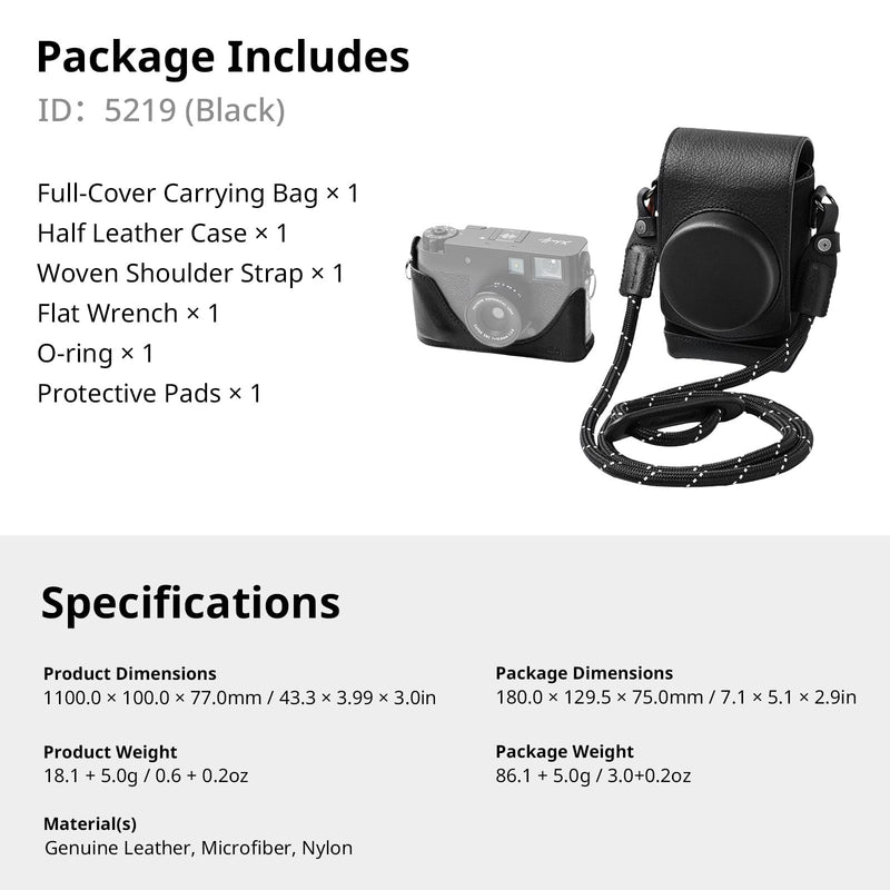 SMALLRIG Leather Case Kit for FUJIFILM X Half, Retro Style Full-Cover Carrying Bag with Half Leather Case, Built-in Card Pocket, Portable and Protecting with Woven Shoulder Strap (Black) - 5219 Black