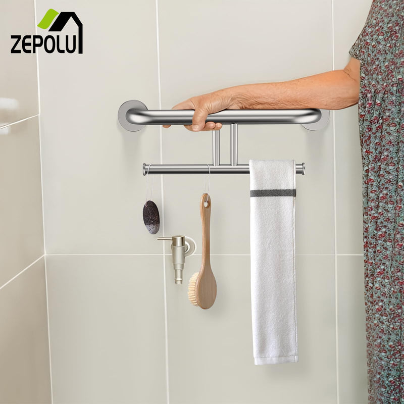 Brushed Nickel Handicap Grab Bar w/Toilet Paper Roll Holder, Zepolu 2-in-1 Safety Assist Bar Balanced Support Handle 17 Inch, Stainless Steel Wall Mounted Bathroom Toilet Grab Bar for Senior Elderly paper holder - brushed nickel