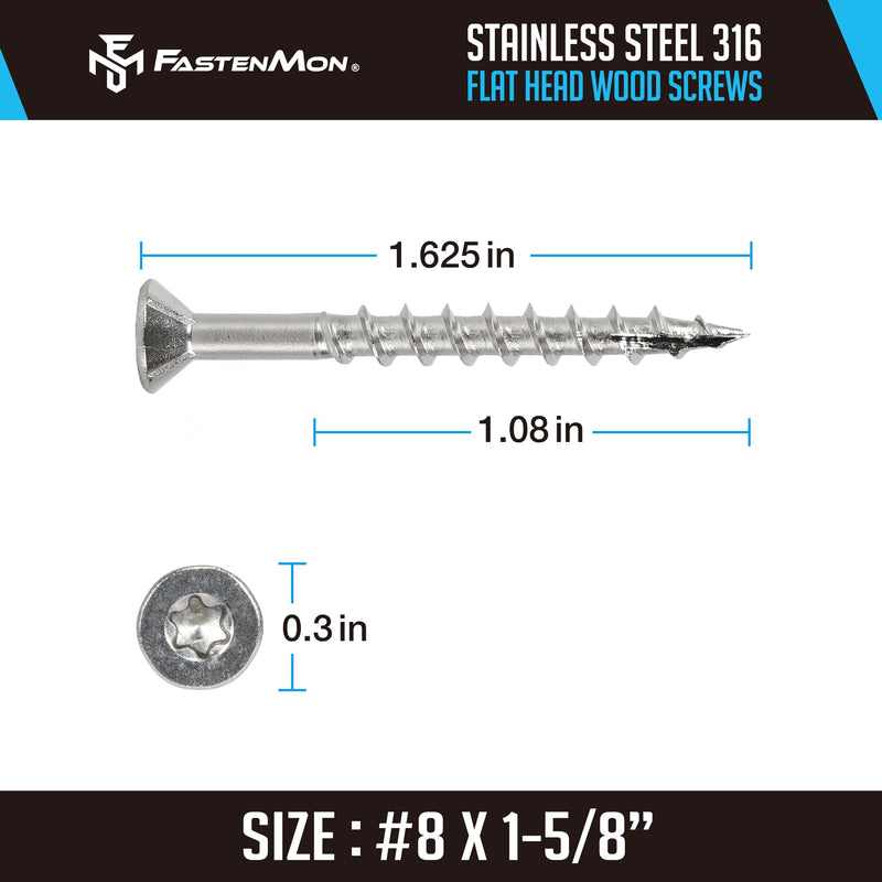 #8x1-5/8 Marine Grade 316 Stainless Steel Deck Screws, 150 PCS, Flat Head T20, Type 17 Point, Rust Resistant, Quick Drive, Strong Grip for Outdoor Wood Projects, Bit Included #8 x 1-5/8"