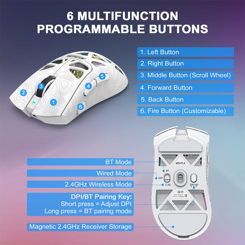 G11 RGB Wireless Gaming Mouse for Gaming Setup & Multi-Device Use, Tri-Mode Bluetooth 5.1/2.4GHz/USB-C, 22000 DPI Lightweight Programmable Mouse for PC, Laptop & Mac Line White