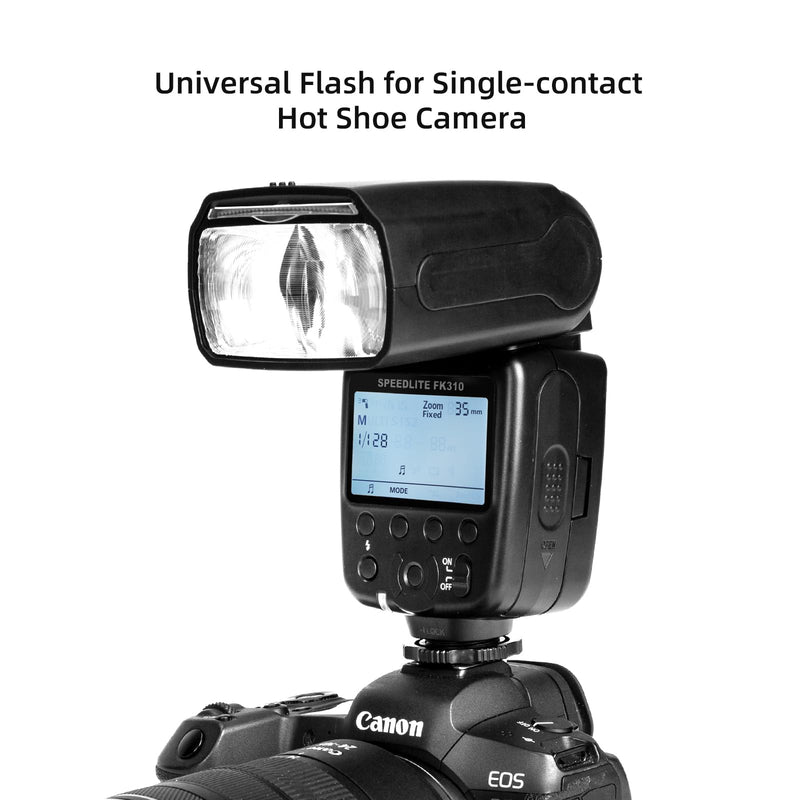 PHOTOOLEX Camera Flash Speedlite FK310, GN33 LCD Display, Manual S1/S2 | Universal single-contact hot shoe for Canon Nikon Sony Fujifilm Olympus. 8-level power. Metal mount