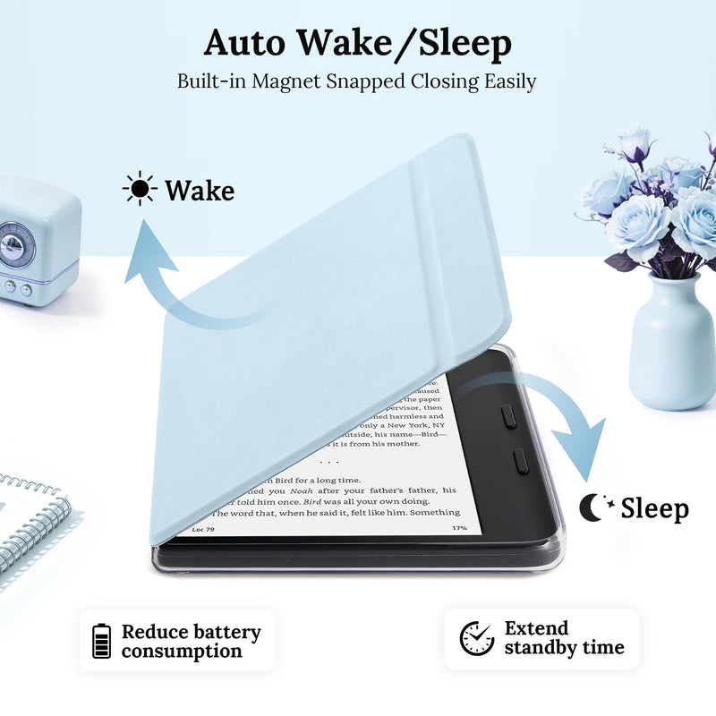 Magnetic Rotating Stand Case for 7" Kobo Libra 2 (2021) | Magnetic Detachable, Auto Wake/Sleep, Adjustable Stand, Anti-Slip Grooves, Clear PC Case, Soft TPU Edge, Light Blue 7" Kobo Libra 2 2021 Released