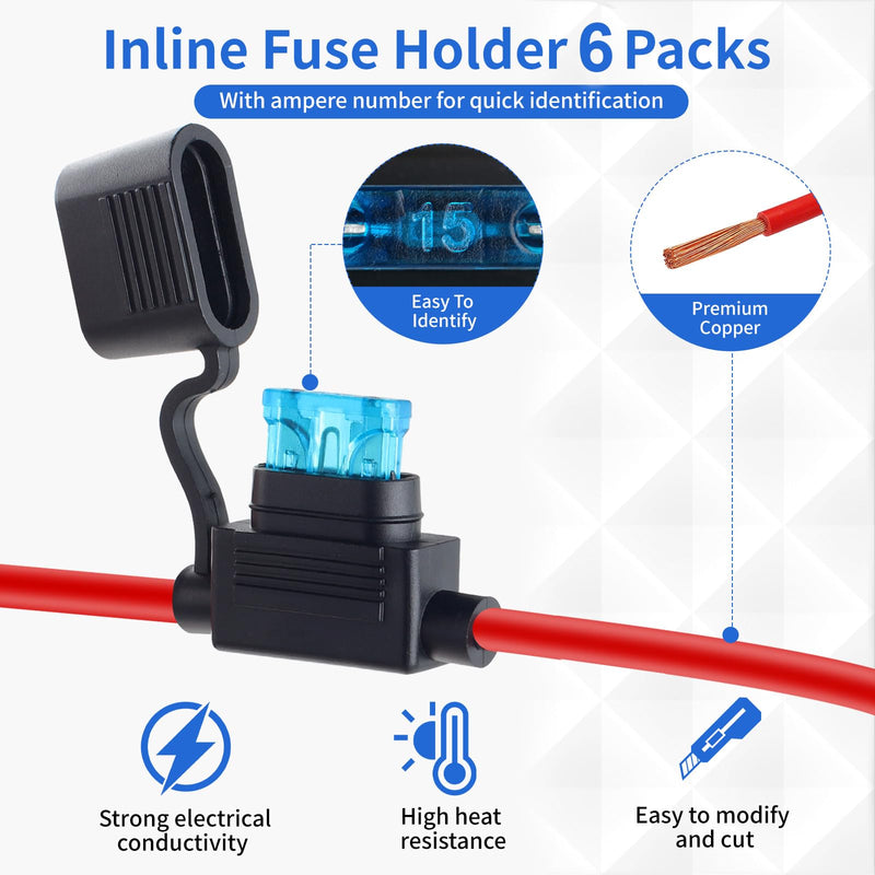 6 Pack Inline Fuse Holder 12V, Upgraded 12 AWG Waterproof Fuse Holder with 66 Pcs Standard Car Fuses (2A/3A/5A/7.5A/10A/15A/20A/25A/30A/35A/40A), YNZDRWA in Line Fuses Holders 12v for Marine Auto