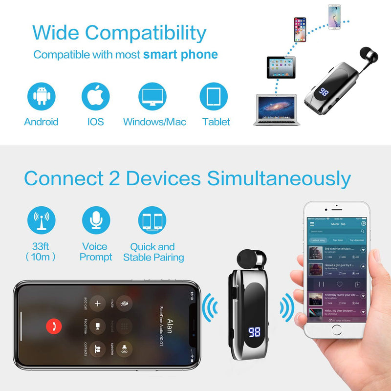 Retractable Wireless Headset Headphone Stereo Earphone V5.0 Noise Cancelling Mic Clip on Earpiece Comfortable HandsFree Headset 20Hrs Talking Time Sports Business Trucker Driver Earbud Iron Black