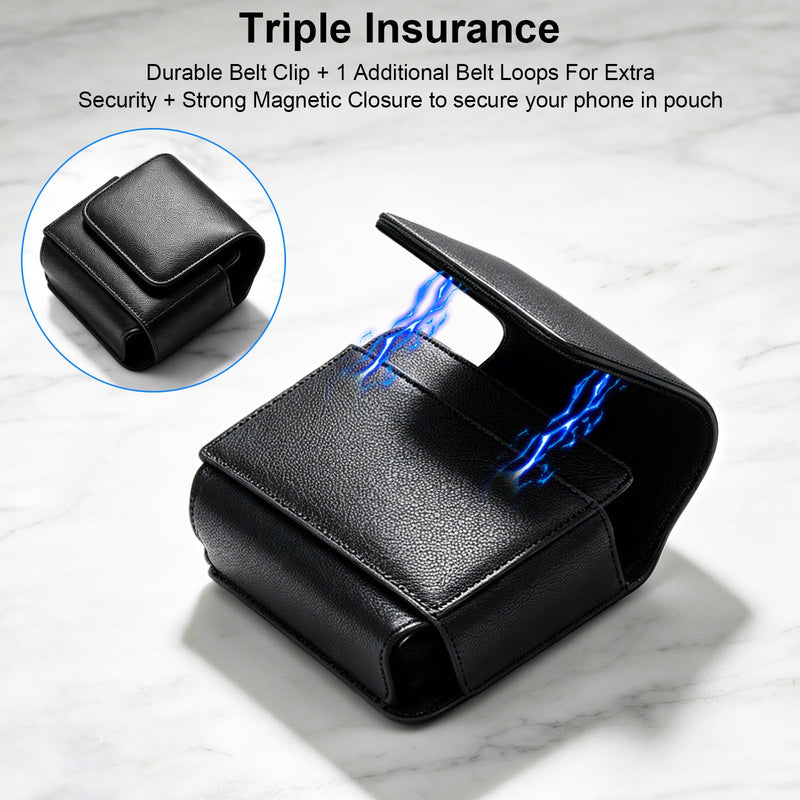 Phone Holster for Samsung Galaxy Z Flip 8 Z Flip 7 Z Flip6 Flip5/4/3, Flip Phone Specific Protective Leather Holster for Motorola RAZR 2025/2024 Case, Cellphone Belt Clip Holster Pouch(Matte Black) Small Matte Black
