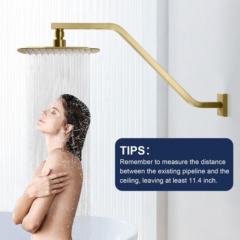 Square Shower Head Extension Arm with Flange, 16.5 Inch Z/S Shaped High Rise Shower Pipe Extender Wall-Mounted for Fixed Bathroom, Shower Head Goose Neck Arm - Extra Long Thread, Brushed Gold