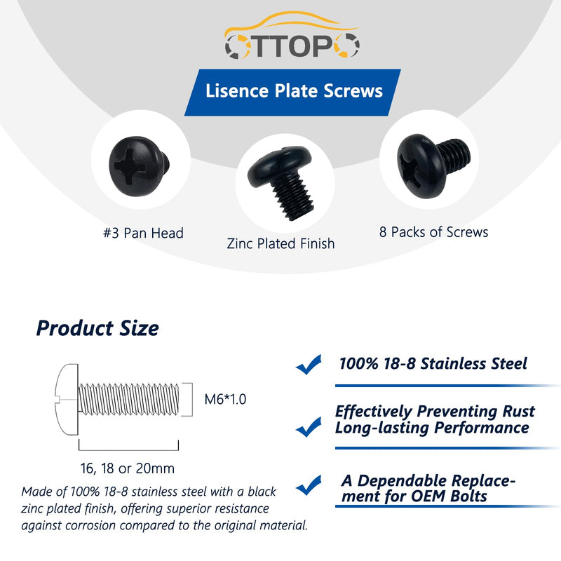 Rear License Plate Screws Black Compatible with Toyota 4Runner Camry Highlander Corolla Honda Pilot Accord CRV Civic Fit Lexus Acura M6-1.0 X 16mm 18-8 Stainless Steel 8 Pack
