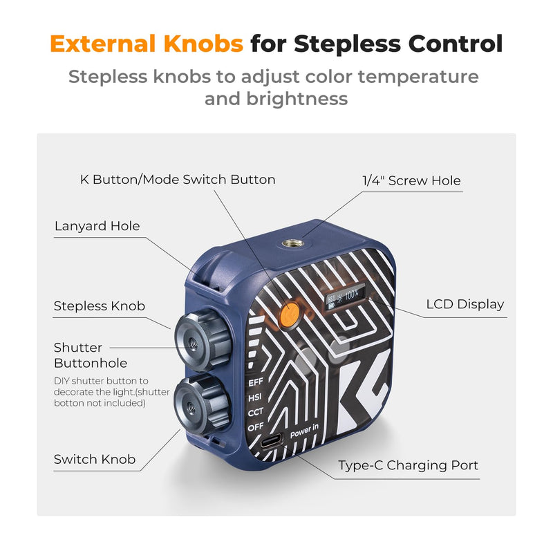 K&F CONCEPT RGB Video Light, 360° Full Color Portable Photography Light, LED Camera Light w 21 Light Effects, 2500K-9900K CRI 96+, 2000mAh Rechargeable Photography Lighting for Vlogging, Selfie, Blue