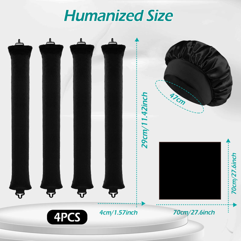  [AUSTRALIA] - Heatless Hair Curler,GeeRic 6 PCS Hair rollers for Overnight Curls, Heatless Curls, Overnight blowout rods with Satin Hairs Scarf and Shower Cap Black