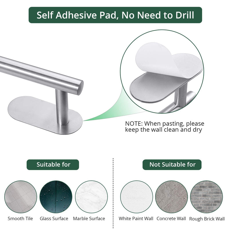 Self Adhesive Towel Bar, JiGiU Bathroom Hardware Set Include 16-Inch Bath Towel Bar,Toilet Paper Holder & 3 Packs Towel Hooks SUS304 Stainless Steel Wall Mount No Drill Sticky on Towel Holder Kit Silver