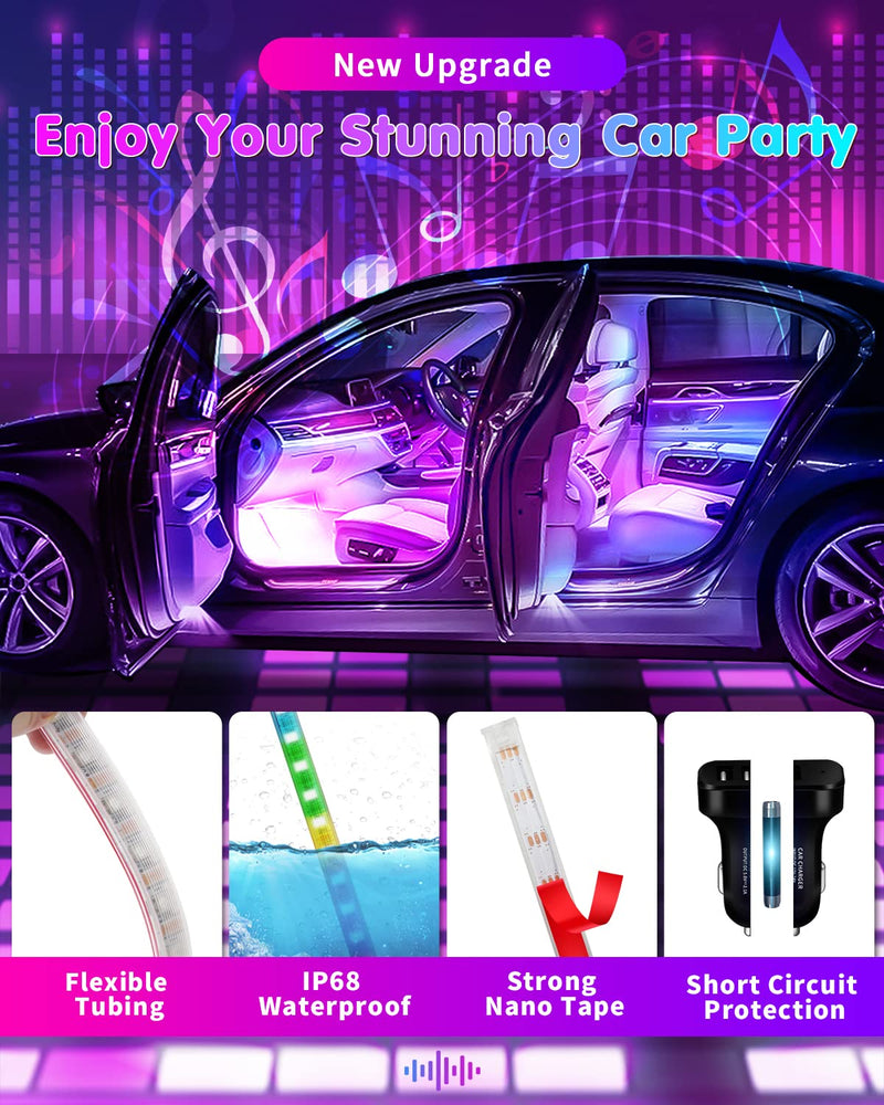 RGB Interior Car Strip Lights with Smart APP Control, Music Sync Under Dash Footwell Neon Internal Lighting Kit Multicolor,12V LED Strip Lights for Cars, Trucks, SUVs with Car Charger(1 Set) 1IN4 Interior Lights 48SMD(4 Lines Design)