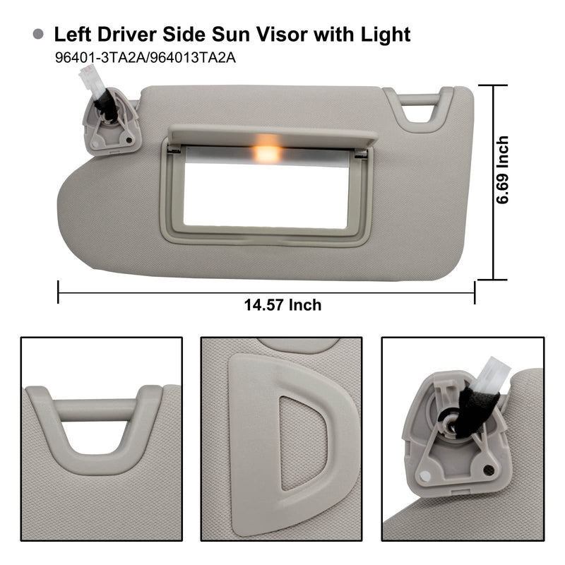 NHILES Left Driver Side Sun Visor Compatible with Nissan Altima 2013 2014 2015 2016 2017 2018 with Light, Without Sunroof 96401-3TA2A Color Gray Left Gray