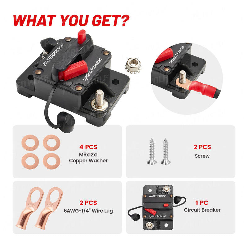 RED WOLF 40 AMP Car Circuit Breaker w/Manual Reset Switch Inline Fuse Holder Inverter for Motor Trolling Vehicles Audio Radio Solar System Protection 12V-48V DC with Wire Lugs Copper Washer Screws