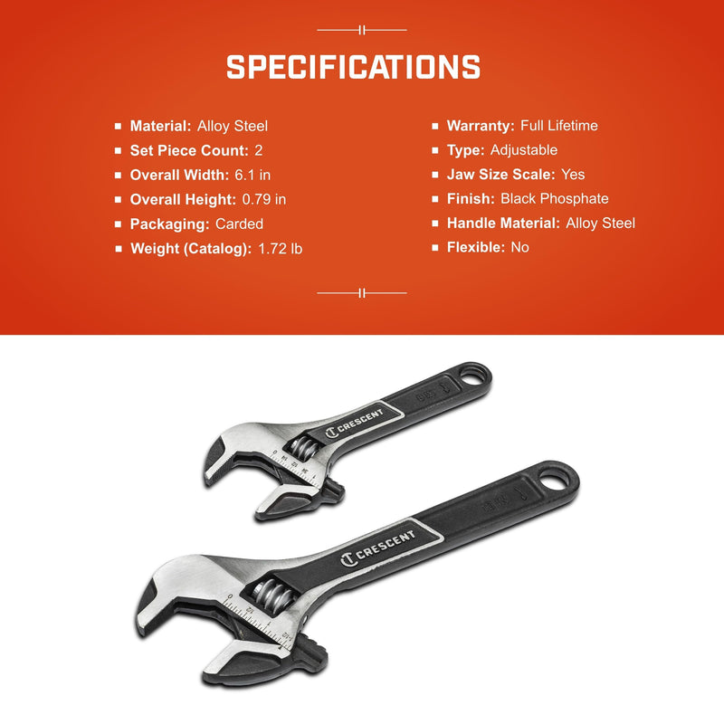 Crescent 2 Piece Wide Jaw Adjustable Wrench Set | 6" & 10" | ATWJ2610VS 2 Pc. Set - 6" & 10"