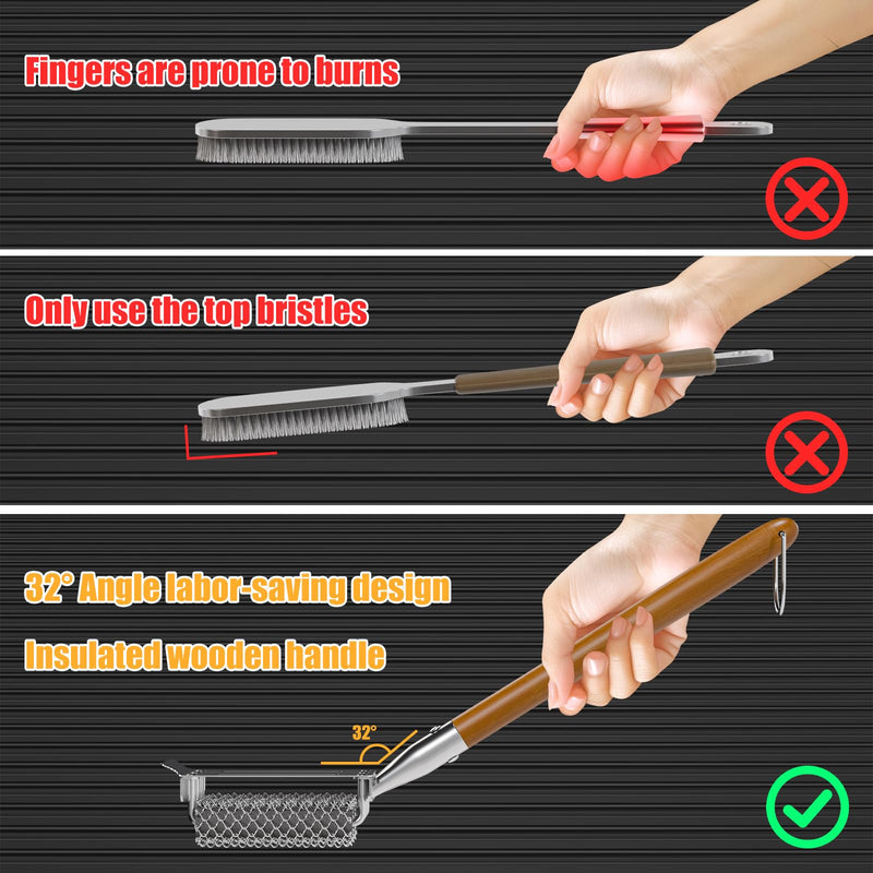 HOUSE AGAIN Grill Brush Bristle Free, 304 Stainless Steel Food-Grade Brush Head with Scraper, Safe BBQ Outdoor Grill Cleaning Brush Strong Barbecue Brush Cleaner Non Wire for Grill Grate/Wooden Handle Wood