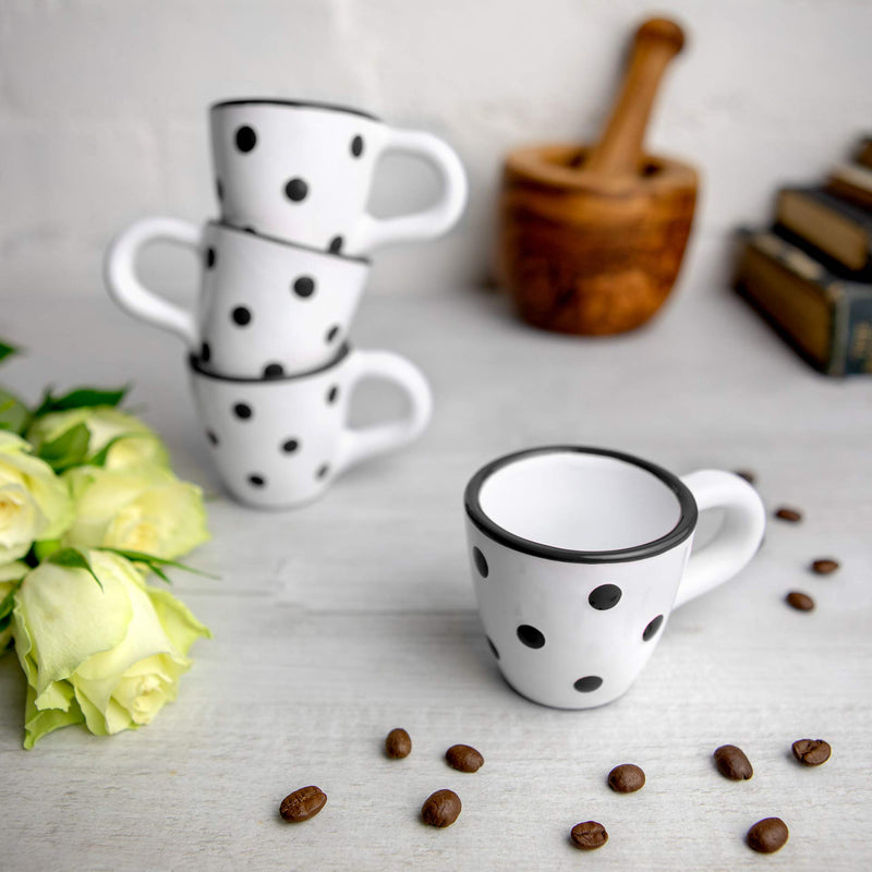 City to Cottage Ceramic Espresso Cups of 4, Small Expresso Shots, Demitasse, Perfect for Espresso Machine, Handcrafted Cups (White and Black Polka dot)