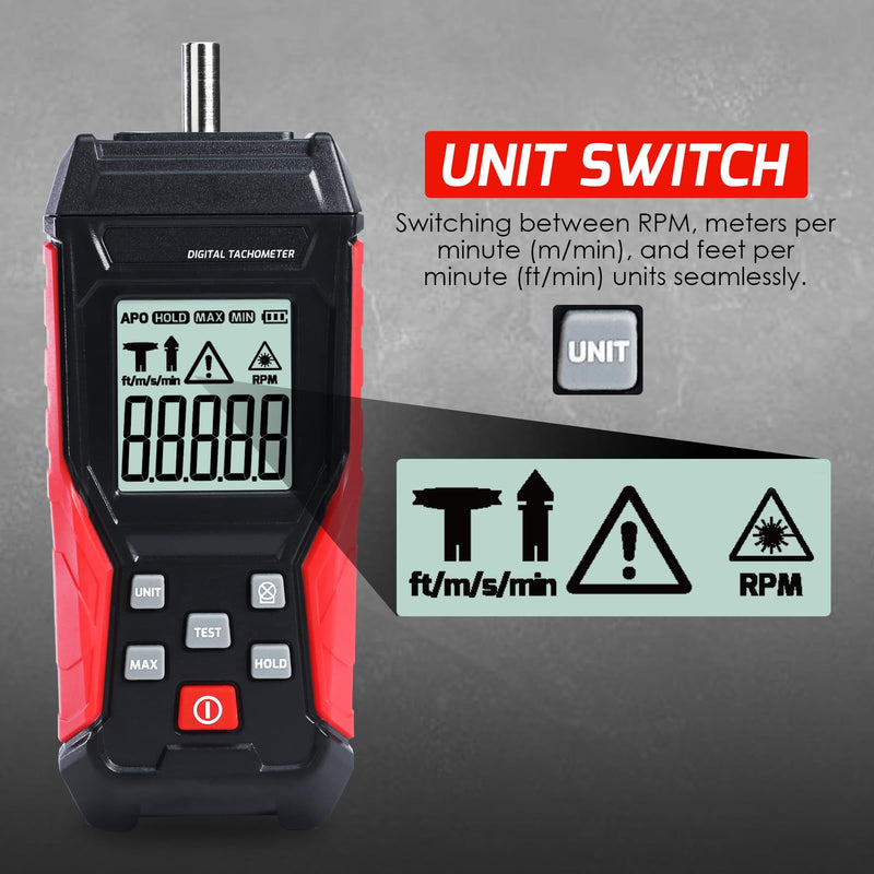 Digital 2-in-1 Tachometer Noncontact Laser Photo Sensor 3~99999RPM and Contact 3~19999RPM Meter RPM Gauge Tester Professional MAX/MIN/Hold Data, Handheld Car Engine Tool