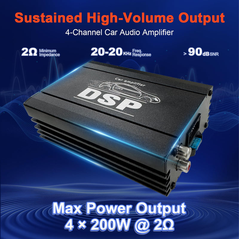 KG AMEMONDORA 12V 4-Channel Class-D Car Audio Compact Amplifier with DSP, High-Performance Universal Fit Audio System, 200W Hardwired Room Electrical Operation, 36V Max Operating Voltage 800W 4-Channel