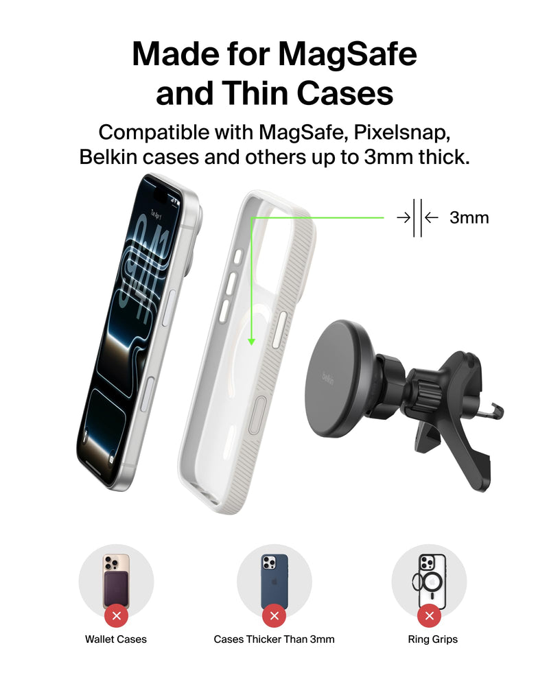 Belkin Qi2 15W Magnetic Wireless Vent Mount, Fast Charging Car Charger | MagSafe Compatible, iPhone 15/16/17, Samsung Galaxy S26, AirPods, iPads, MacBook, Chromebook, Car Phone Charger