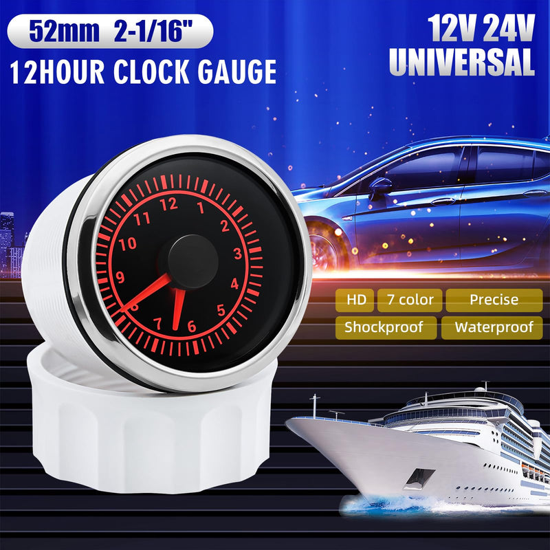 ARTILAURA 2" 52mm Clock Gauge 7 Color Waterproof 0-12 Hours Clock Meter Gauge for Car Boat (Black & Silver) Black & Silver