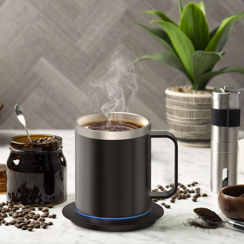 Coffee Warmer with Mug Set, USB Powered Heated Cup with 10H Auto Shut-Off, 131℉ Self Heating Coffee Mug for Desk (Black-12oz)