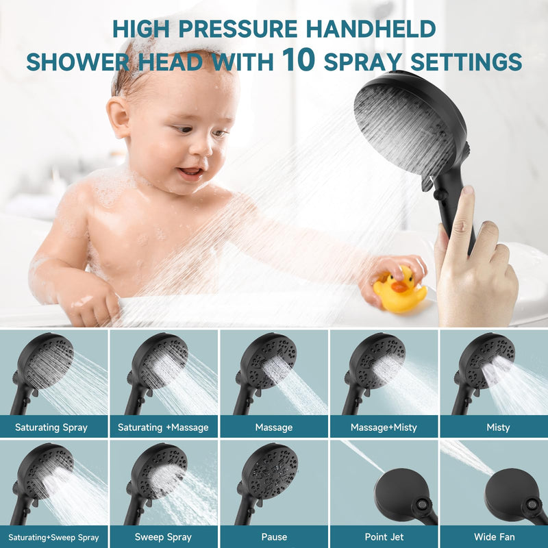 5" Filtered Handheld Shower Head with 10 Spray Modes,High Pressure Detachable Showerhead with Magnetic Docking, Water Flow Control & 69" Stainless Steel Shower Hose,Black Black
