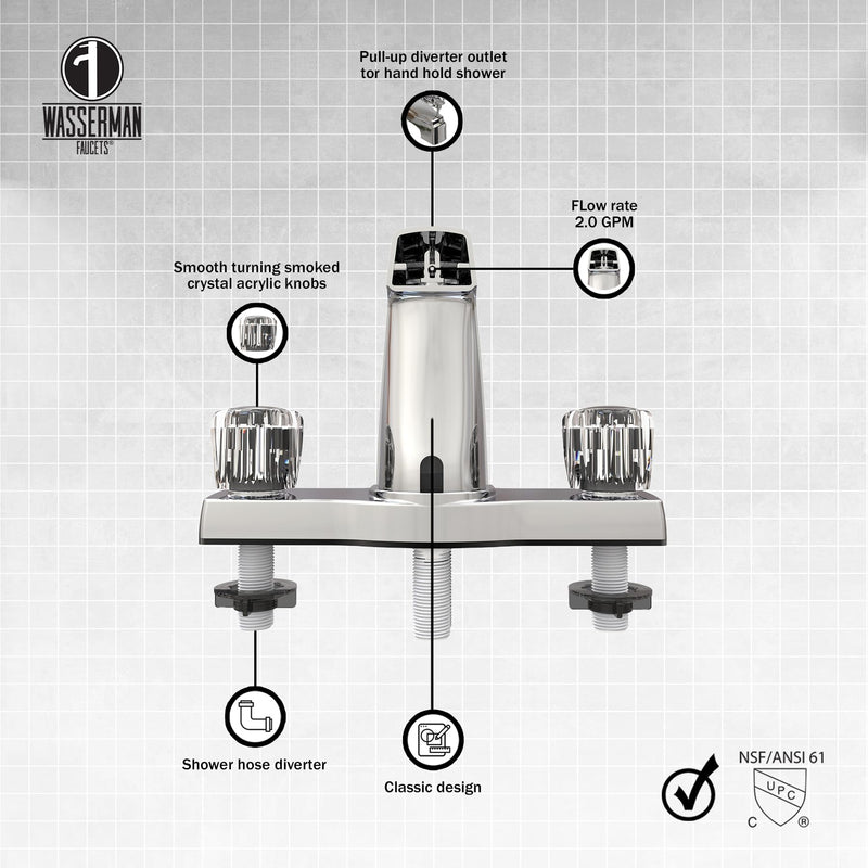 WMF Offset Mobile Home Tub Faucet spout, 8 inch Tub Spout with Diverter, Double Handle Shower Faucet, Chrome, 3 Hole, Bathtub Faucet for Mobile Home, Trailer House, Campers, Motorhome