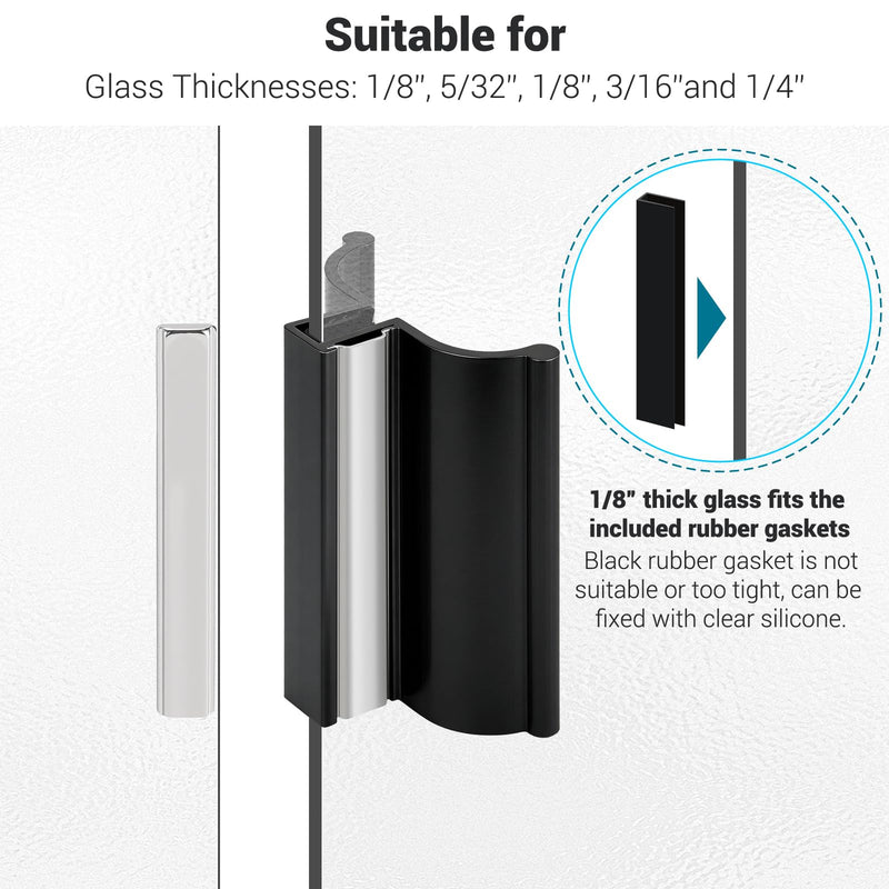 3" Frameless Shower Door Black Handle with Metal Strike Plate and 3" Shower Door Magnet. Suitable for Glass Doors with thicknesses of 1/8 inch, 5/32 inch, 3/16 inch, and 1/4 inch.