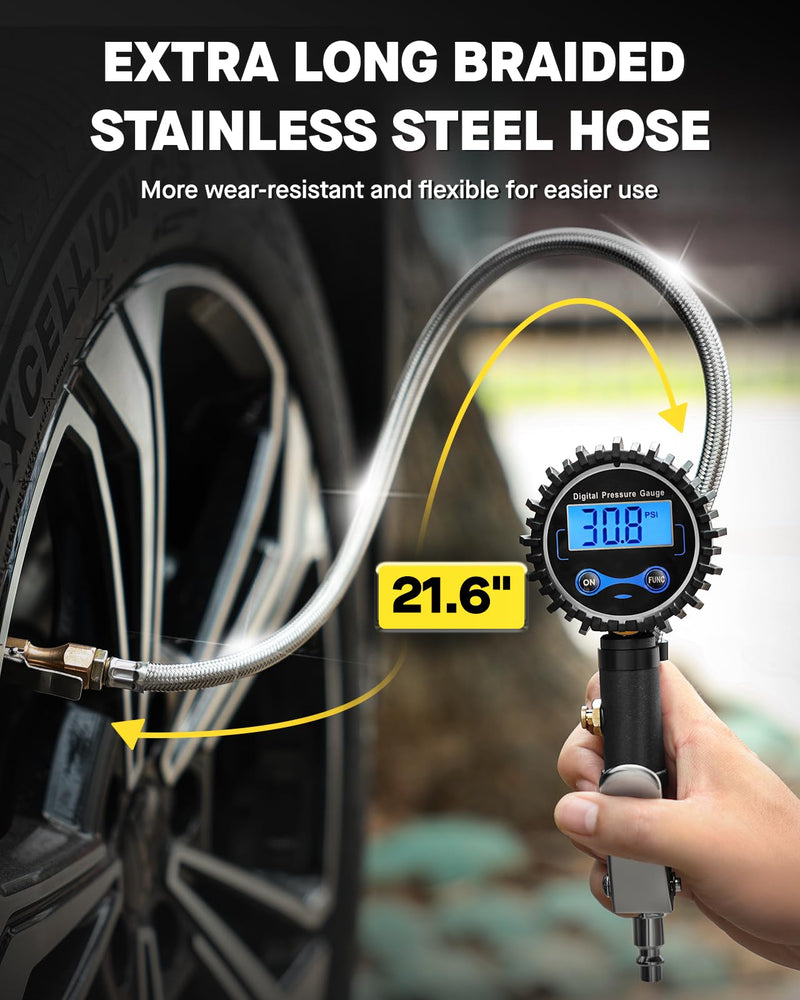 Vondior Digital Tire Inflator with Pressure Gauge 200 PSI - Large 2" Digital Dial, Heavy Duty Air Chuck and Compressor Accessories with Tire Tread Depth Gauge and Quick Connect Coupler Car Accessories 3-200 PSI