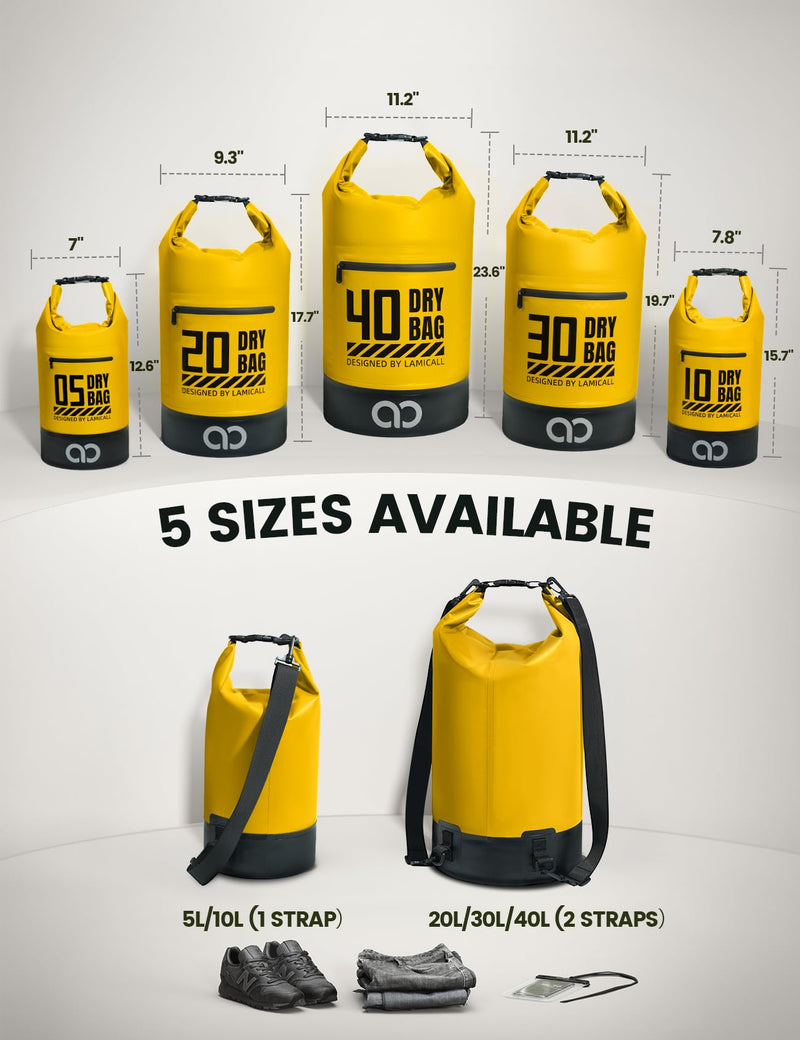 Lamicall Waterproof Dry Bag with Phone Pouch - 5L/10L/20L/30L/40L Floating Roll Top Backpack for Kayaking Boating Beach Camping Fishing - Heavy Duty 500D PVC Marine Dry Sack for Men,Women, Yellow 20L Lemon Yellow