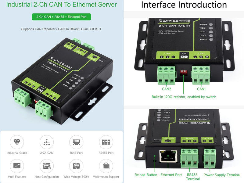 Industrial Grade 2-Ch CAN to Ethernet Server, 2-Ch CAN + RS485 + Ethernet Port, Supports Can to ETH and RS485, CAN Repeater, Dual Socket Aluminium Alloy Case, Wall-Mount Support