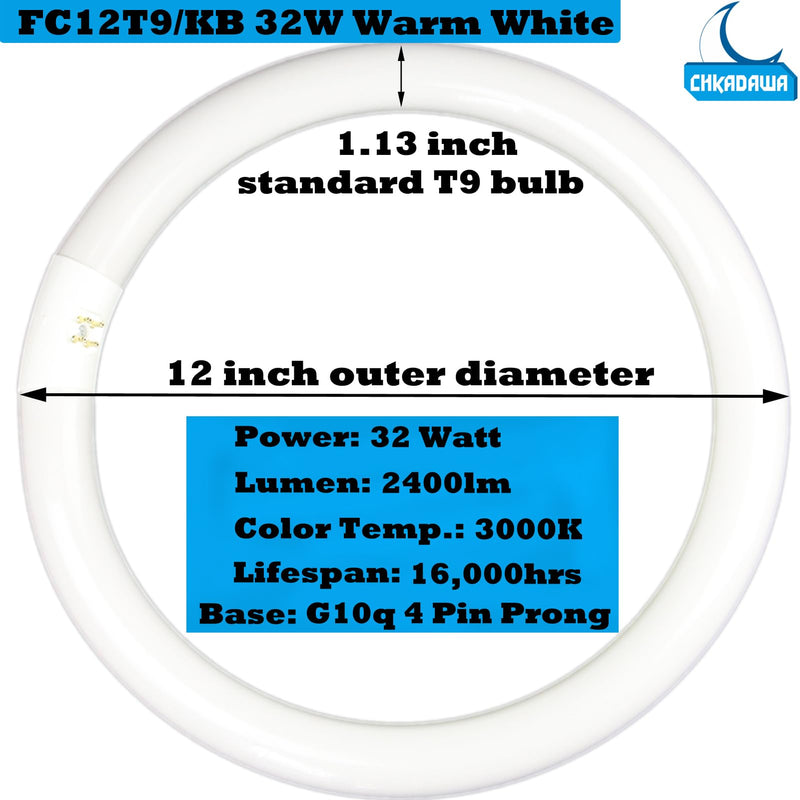 CHKADAWA FC12T9/KB 32 Watt Light Bulb, 12 inch FCL 32W T9 Circular Fluorescent Light Bulb, FC12T9 WW Round Light Bulbs Warm White 3000K, G10q 4 Pin Prong Base, 2 Pack