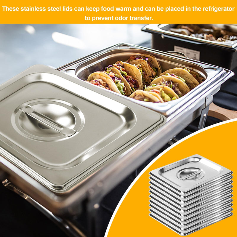 10 Pack 1/6 Size Steam Table Pan Covers Universal Handled Food Pan Lid Stainless Steel Pan Lid with Handle Restaurant Commercial Hotel Food Pan Cover 7 x 6.5 Inch for Fruits Vegetables