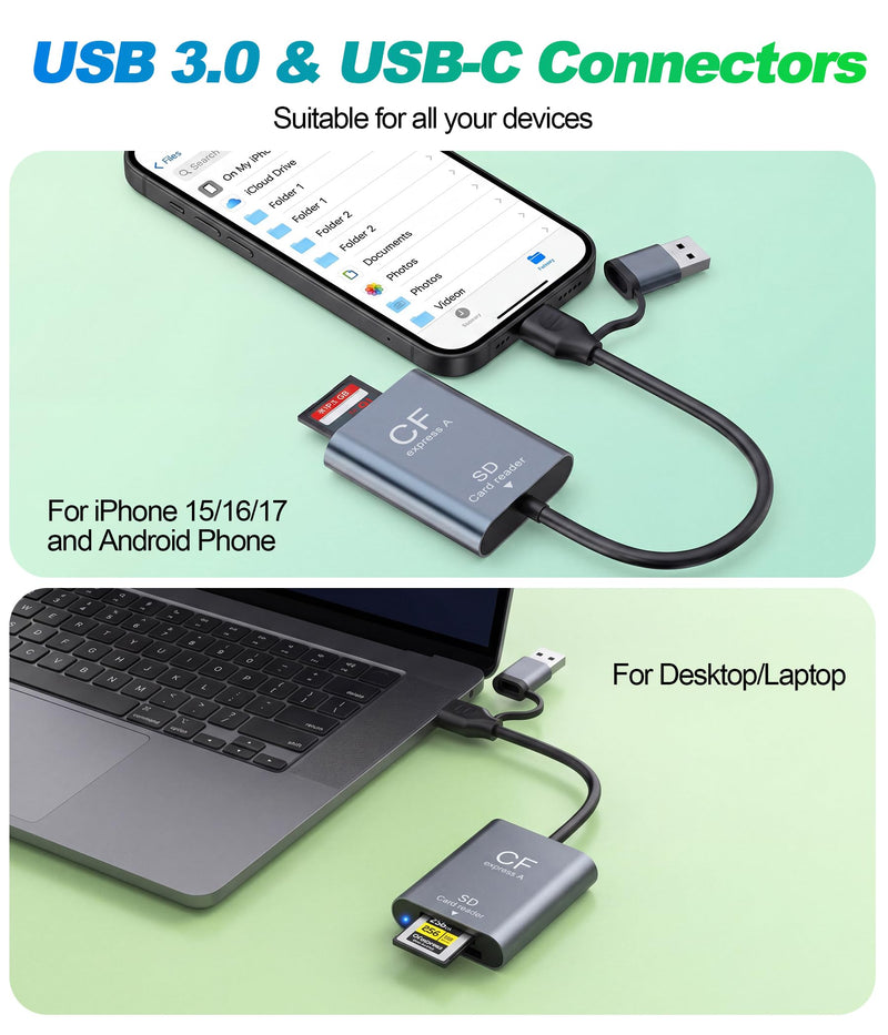 SD and CFexpress Type A Card Reader - 900MB/s Read & 800MB/s Write, USB-C 3.2 Gen 2 10Gbps High-Speed Card Reader, Aluminum Alloy & Dual USB-A & USB-C Ports for iPhone, Android, iPad, Laptop & PC