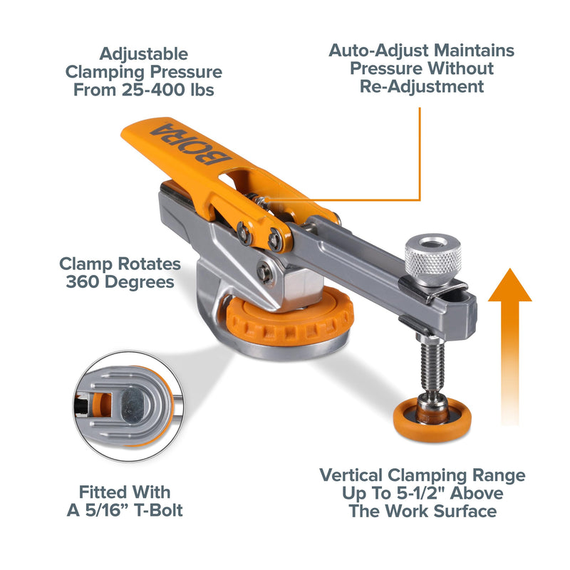 BORA Auto Adjust Hold Down Clamp Fits Standard 5/16-inch T Track - Universal T Slot Toggle Clamp for Woodworking Rotates 360 Degrees for Clamping Projects - BR-G050101 Horizontal T-Track Clamp