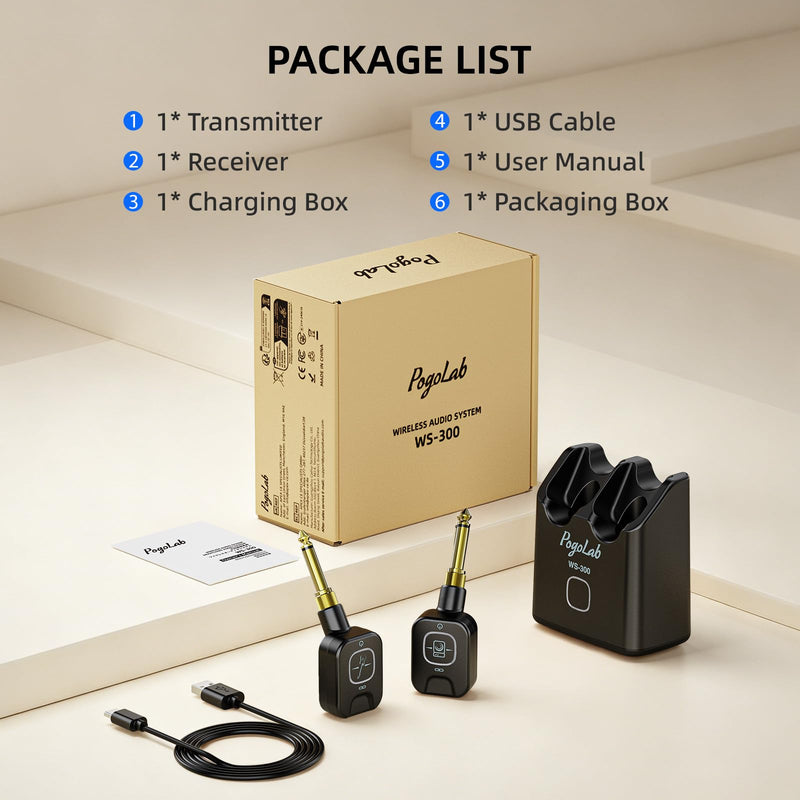 Wireless Guitar System 5.8GHz with Charging Box, Wireless Transmitter Receiver with 6.35mm/3.5mm 2-in-1 plug, 6 Channels, 18H Total Battery Life, for Electric Guitars, Bass black