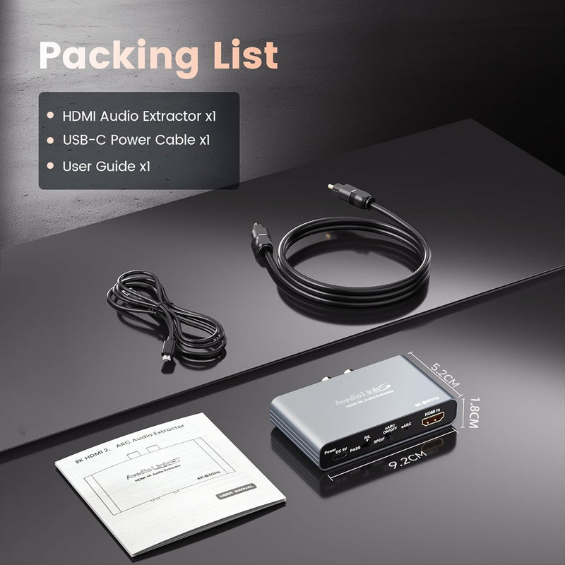 8K eARC HDMI Audio Extractor Converter, 4K@120Hz ARC HDMI Adapter to Optical/SPDIF RCA 3.5mm AUX Audio Adapter Converter Splitter Support LPCM 5.1/DTS/DSD for Laptop/TV Box/DVD/PS5/Soundbar/Speaker | Audio Extraction, HDMI Compatible 8K60HZ eARC