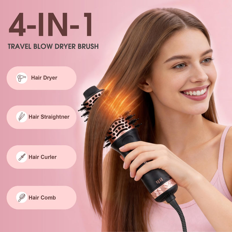Hair Dryer Brush Travel Hot Air Brush 2 Inch Oval Blow Dry Hair Brush, 4 in 1 Mini Blow Dry Brush for Drying Smoothing Curling Volumizing, 2 Speed and 3 Heat, 220-240V UK Plug