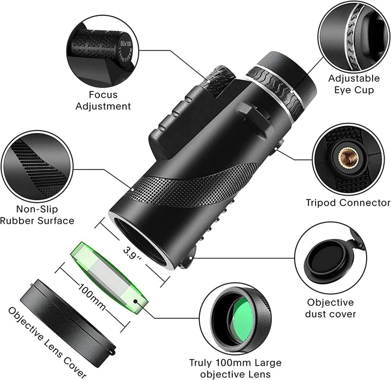 Monocular Telescope with Smartphone Adapter, HD BAK-4 Prism, Handheld Monoculars for Adults Bird Watching Hunting Hiking, Black