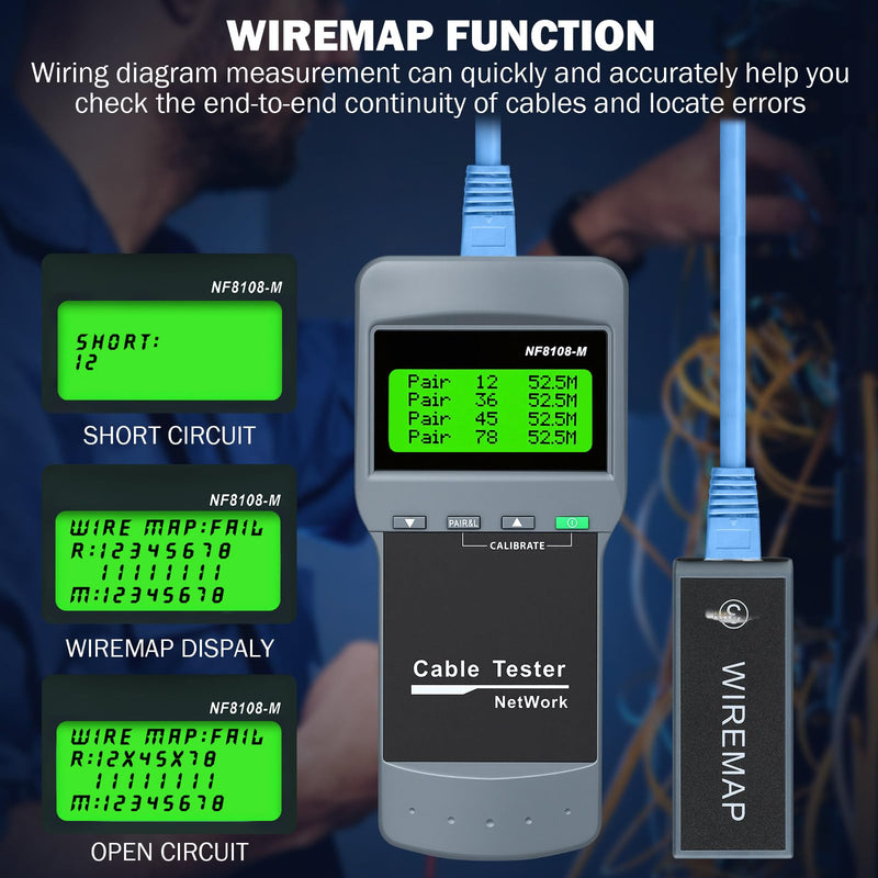 Network Cable Tester, Wire Fault Finder for Cat5, Cat6, 5e, 6e, Locate The Breakage Point, Length Measurement, Continuity Checking with 8 Remote Units